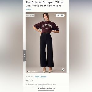 The Colette Cropped Wide-Leg Ponte Black Pants by Maeve- Anthropologie- 27